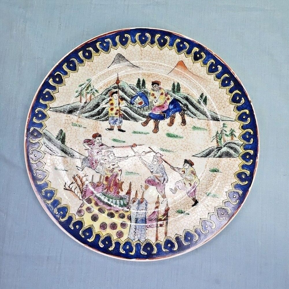 Chinese Warriors Plate Crackled Cobalt Rim Macau NORA FENTON Oriental 10'' VTG